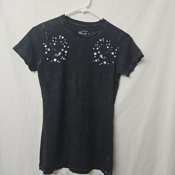 Womens Sz Med Sinful By Affliction Y2K Black Distressed Tshirt Birds celestial - Picture 1 of 5